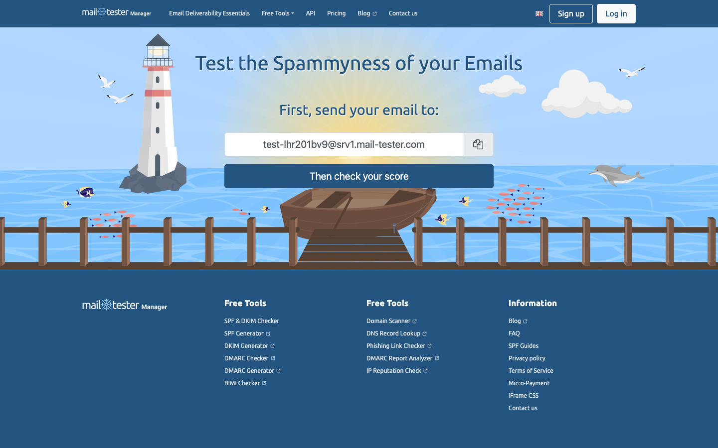 Mail-Tester homepage with the test address field and check your score button