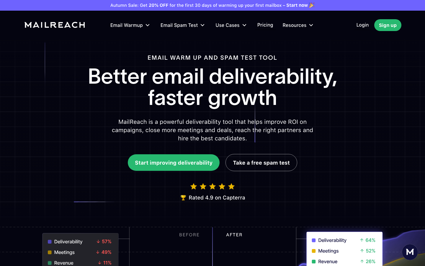 MailReach homepage showing the email warm up and spam test tool