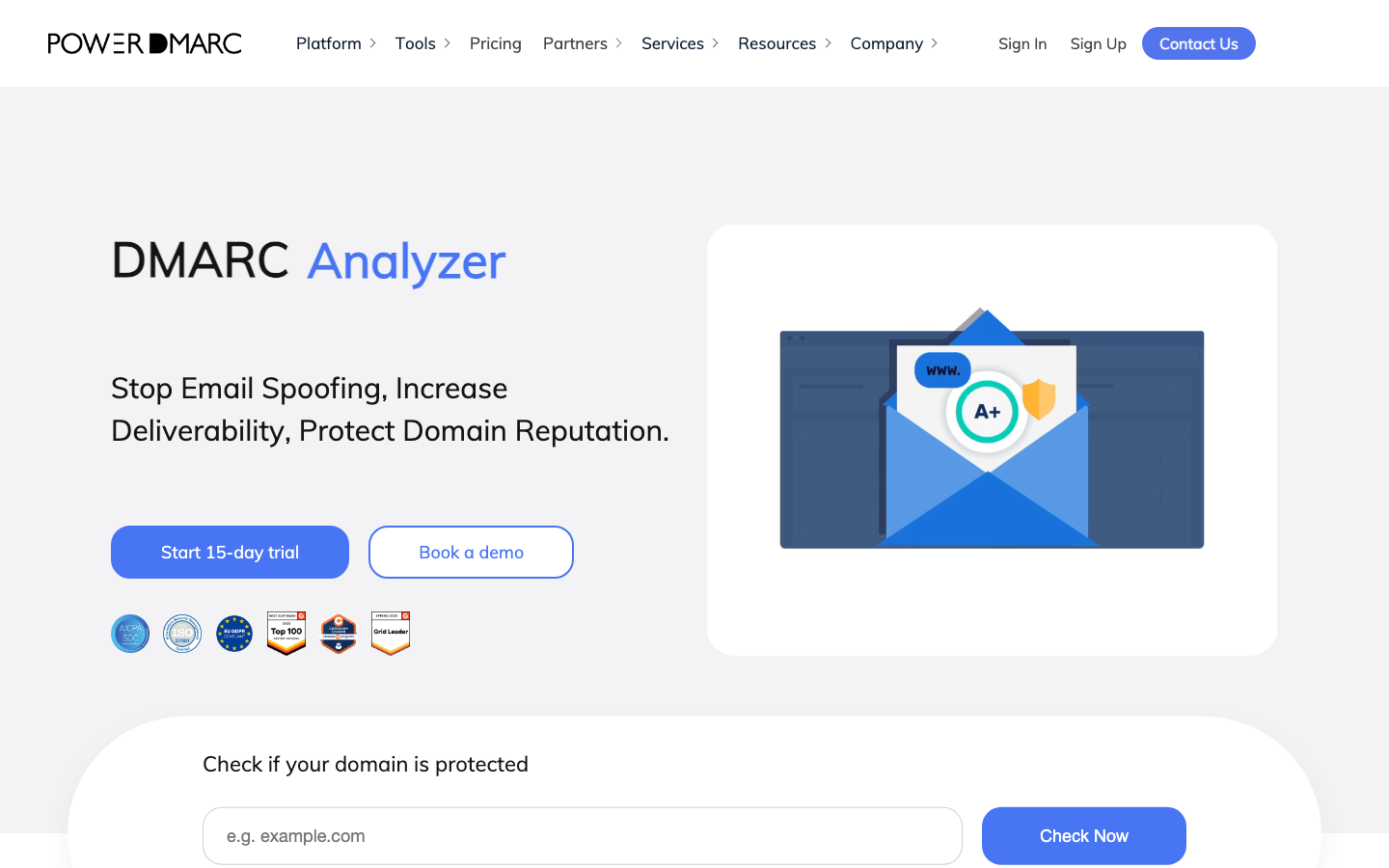 PowerDMARC homepage showing the DMARC analyzer and 15-day trial