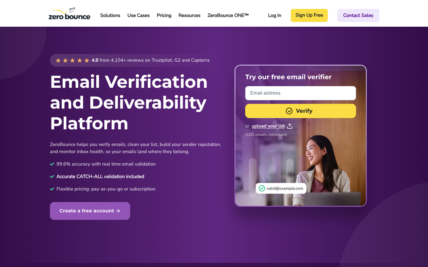 ZeroBounce homepage showing email verification and deliverability platform