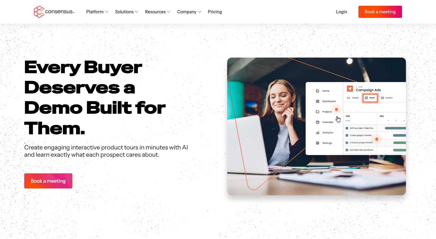 Consensus product tours page with an example product dashboard shown inside a demo.