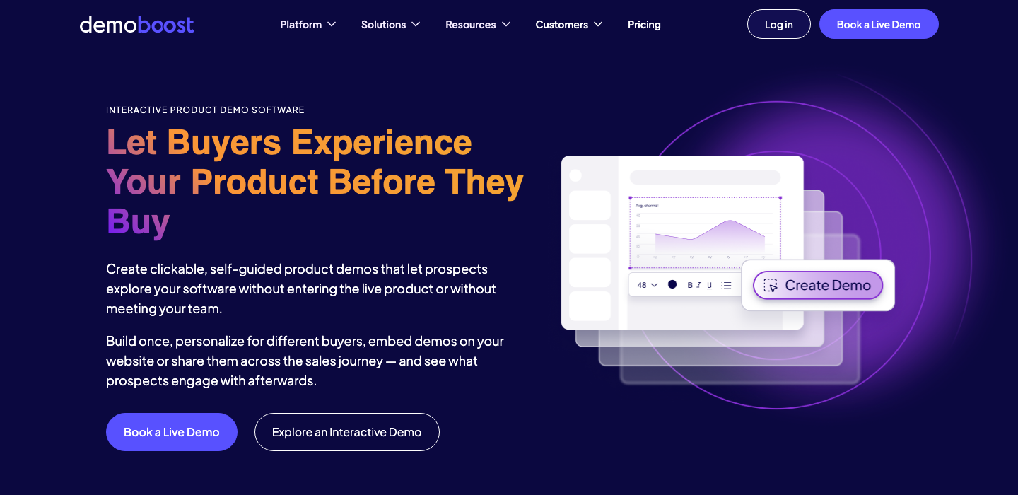 Demoboost interactive product demo software page with a demo editor mockup and Create Demo button.