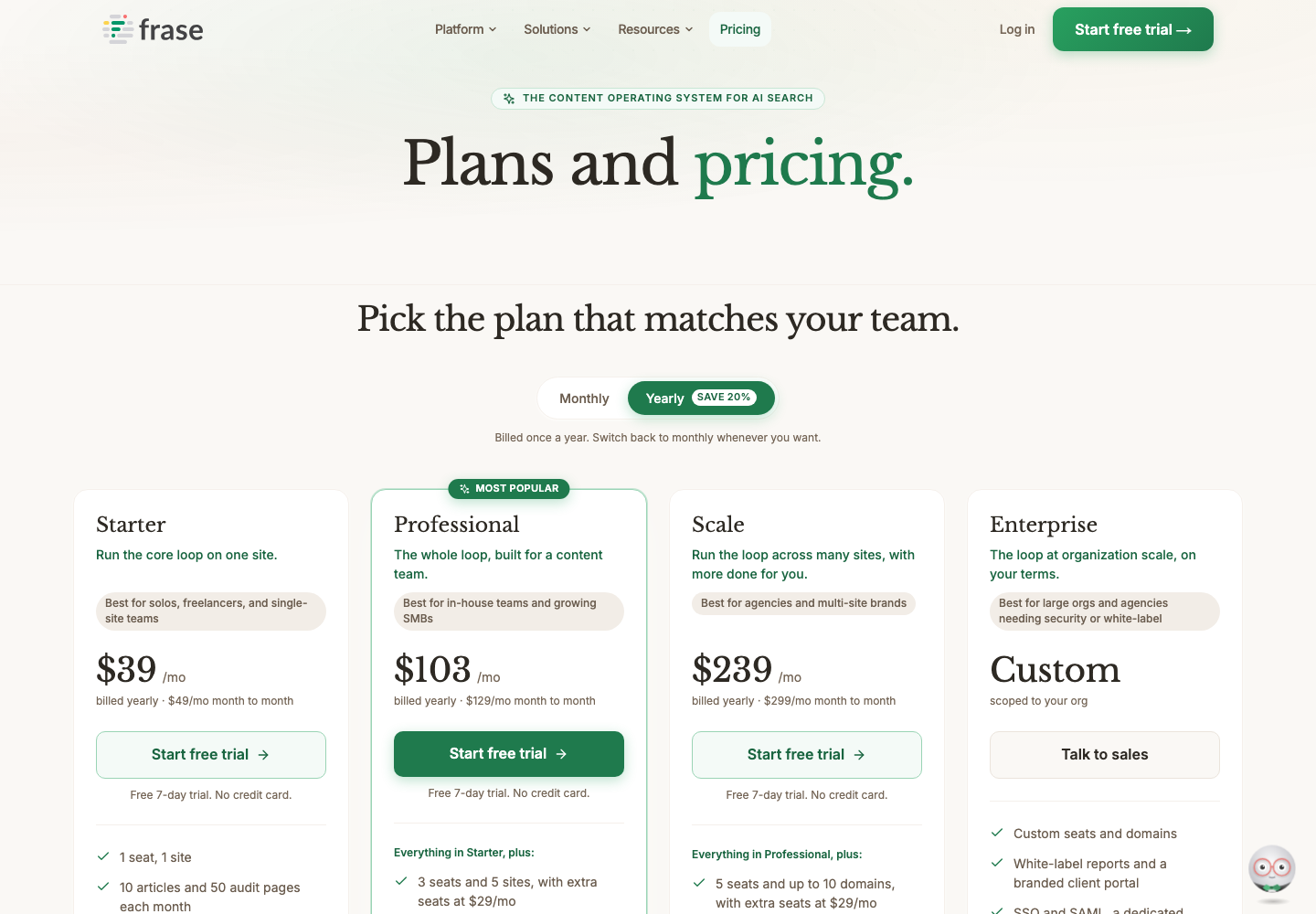 Frase pricing page showing Starter at 39 dollars, Professional at 103 dollars and Scale at 239 dollars per month billed yearly