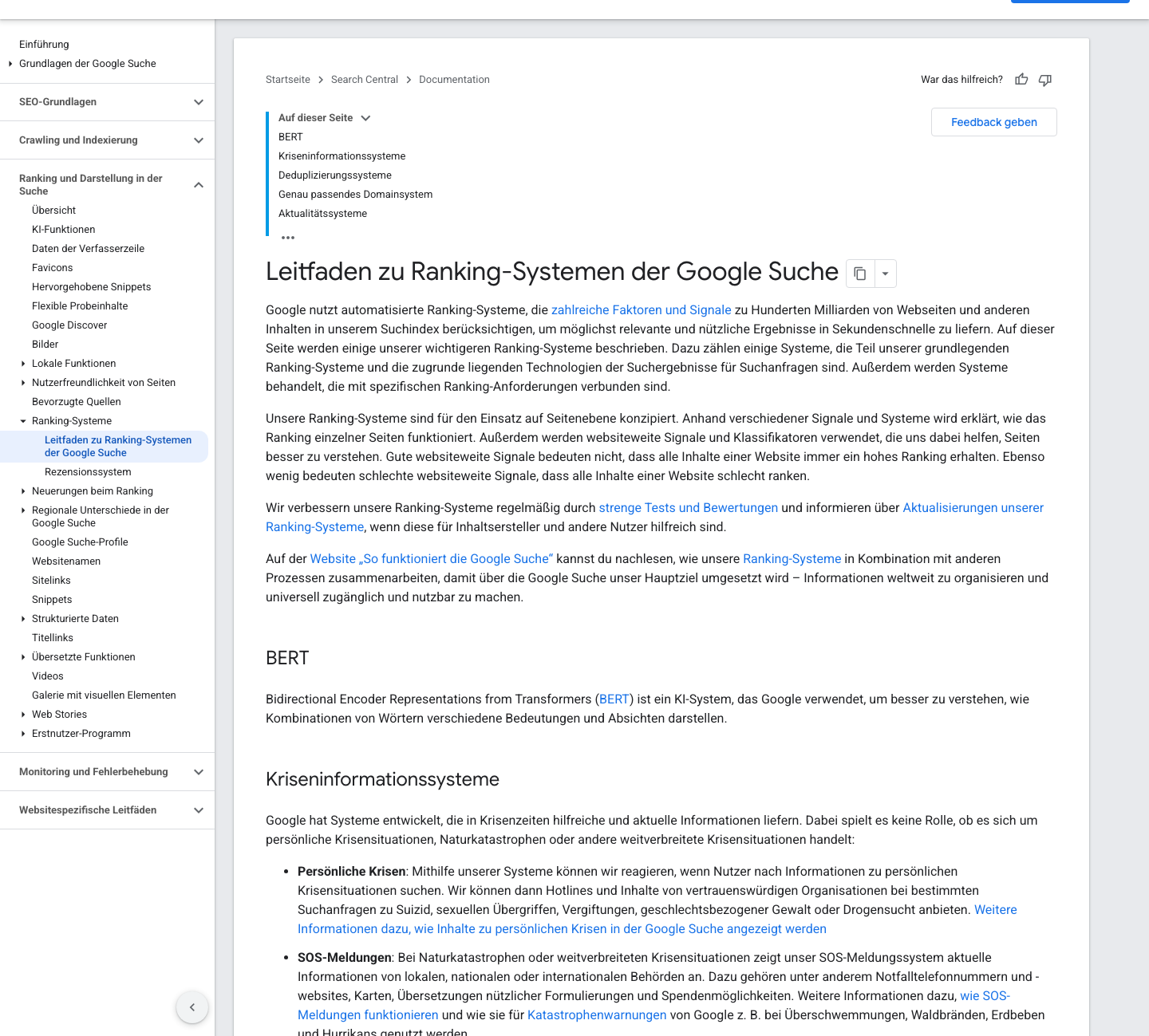 Deutschsprachige Google-Search-Central-Seite mit dem Leitfaden zu Ranking-Systemen der Google Suche.