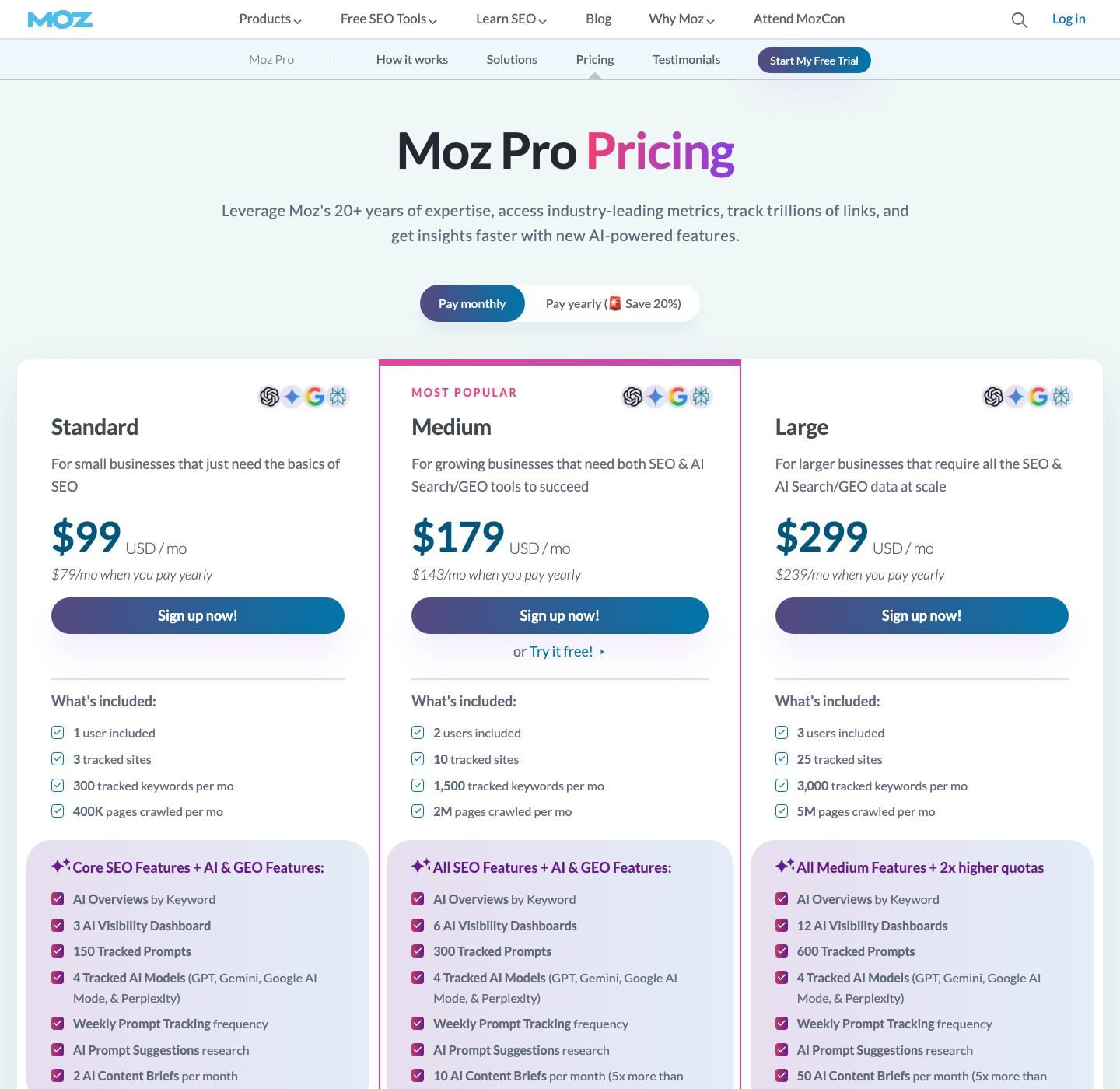 Screenshot of Moz Pro live pricing page showing Standard, Medium and Large plans.