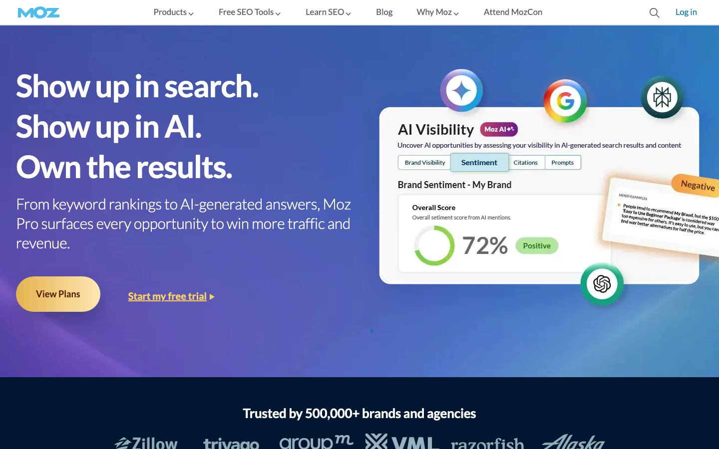 Moz Pro homepage showing its SEO and AI visibility tracking dashboard