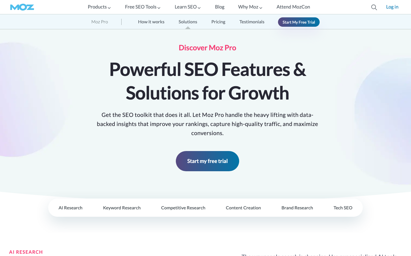 Moz-Pro-Produktseite mit der Kategorie AI Research neben Keyword- und Wettbewerbsrecherche.
