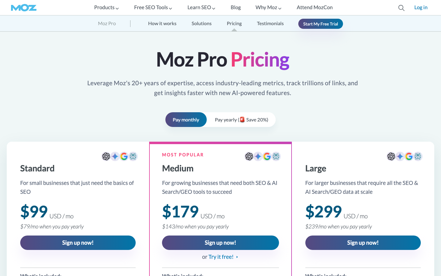 Screenshot der Moz Pro Preisseite mit den Tarifen Standard, Medium und Large in US Dollar.