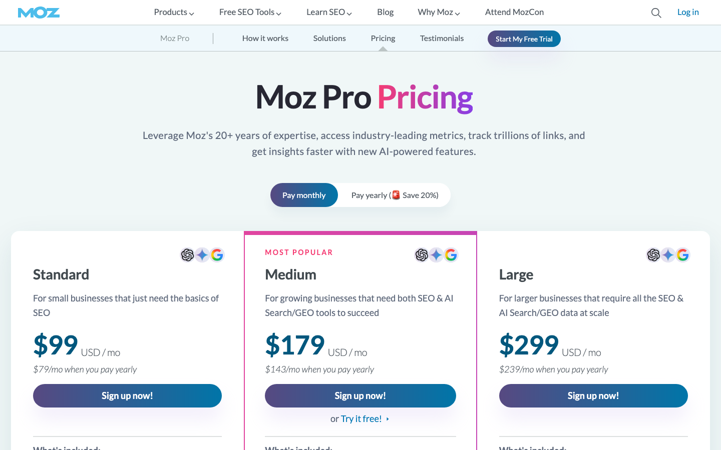 Moz-Pro-Preisseite mit den Tarifkarten Standard, Medium und Large samt Monats- und Jahrespreisen.