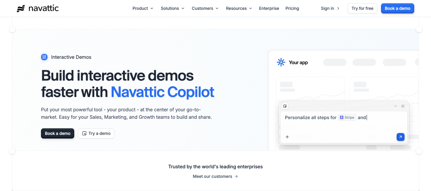 Navattic interactive demos page with the Copilot prompt that personalizes all demo steps for one account.