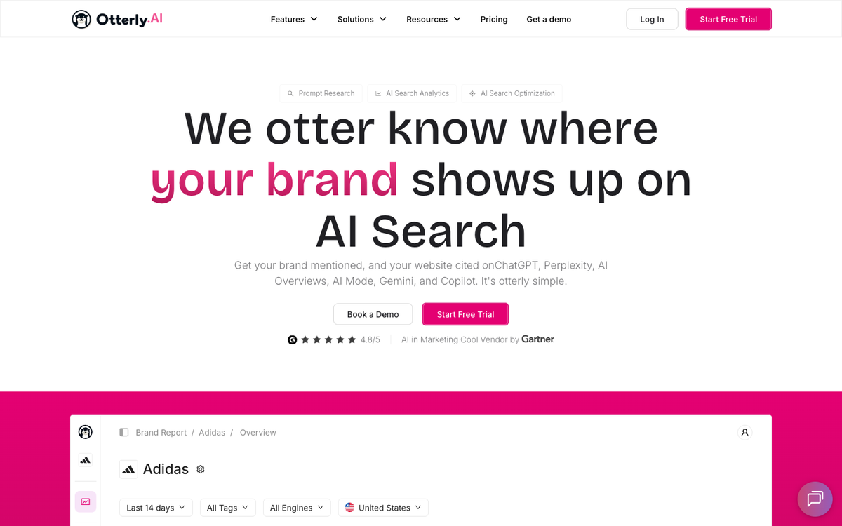 OtterlyAI homepage with the headline about tracking where a brand shows up on AI search