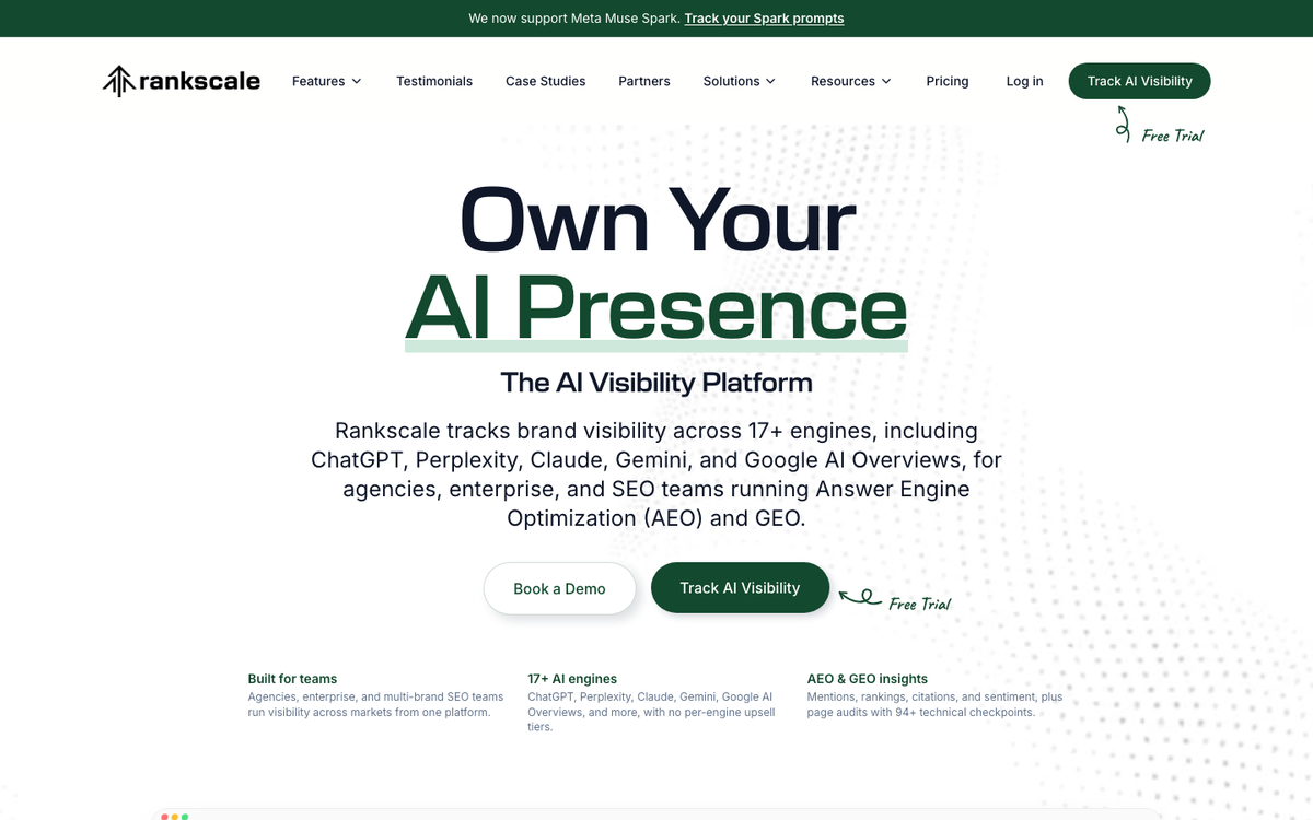 Rankscale homepage with the headline Own Your AI Presence