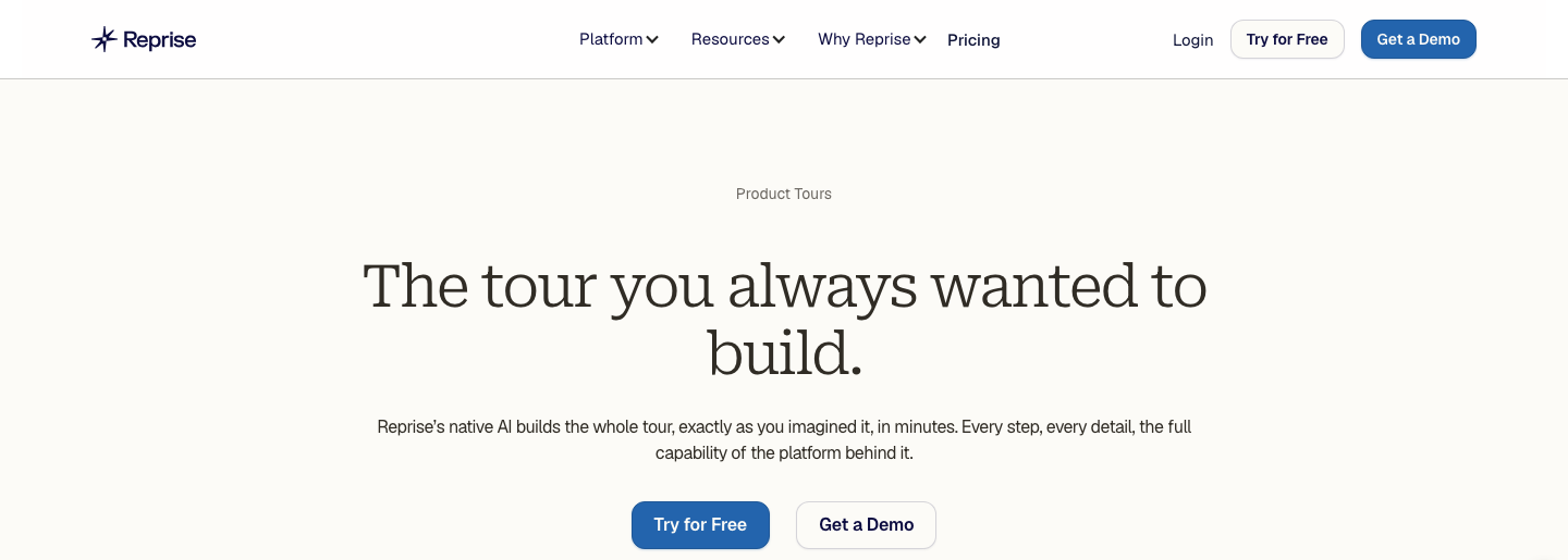 Reprise Product Tours page headline with Try for Free and Get a Demo buttons.