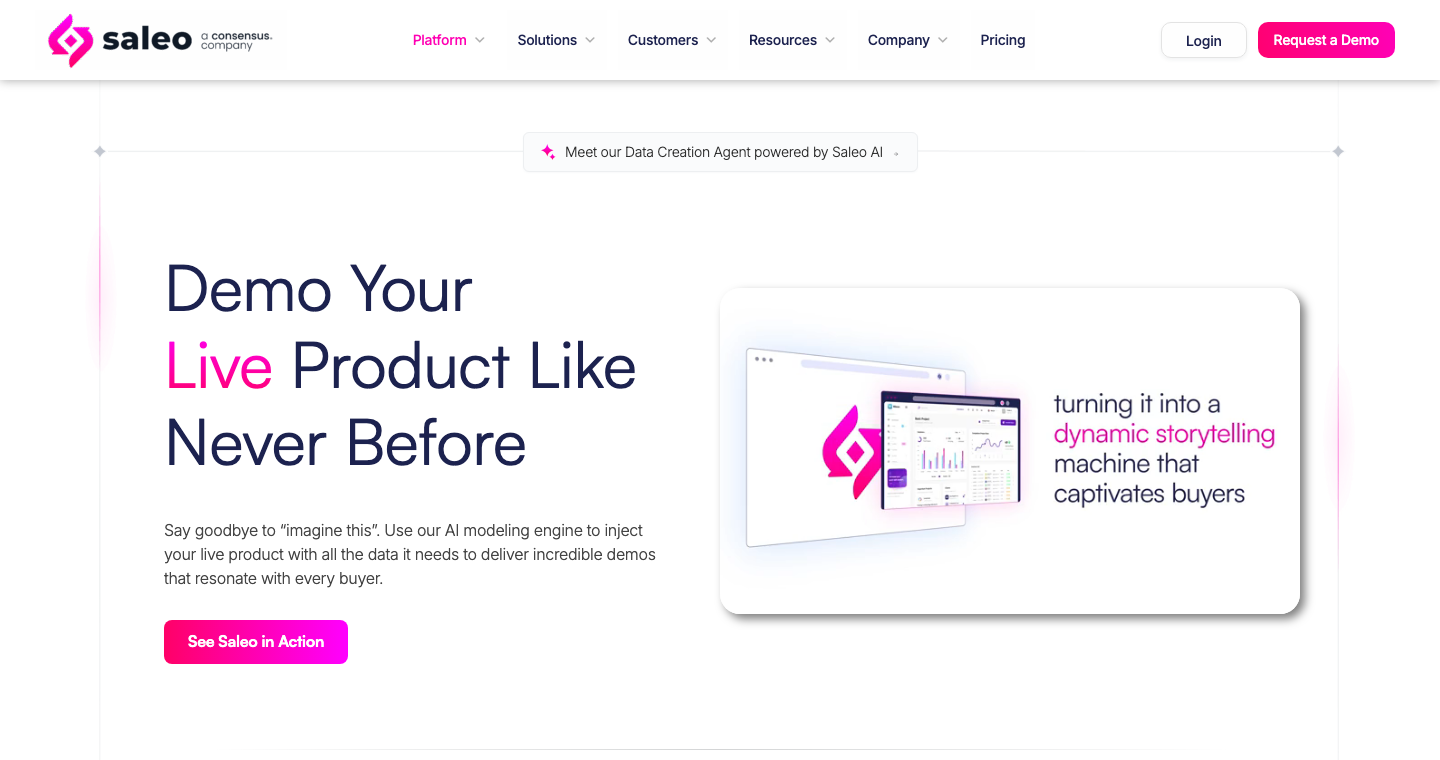 Saleo Live page about demoing your live product, with an analytics dashboard mockup and Consensus branding.