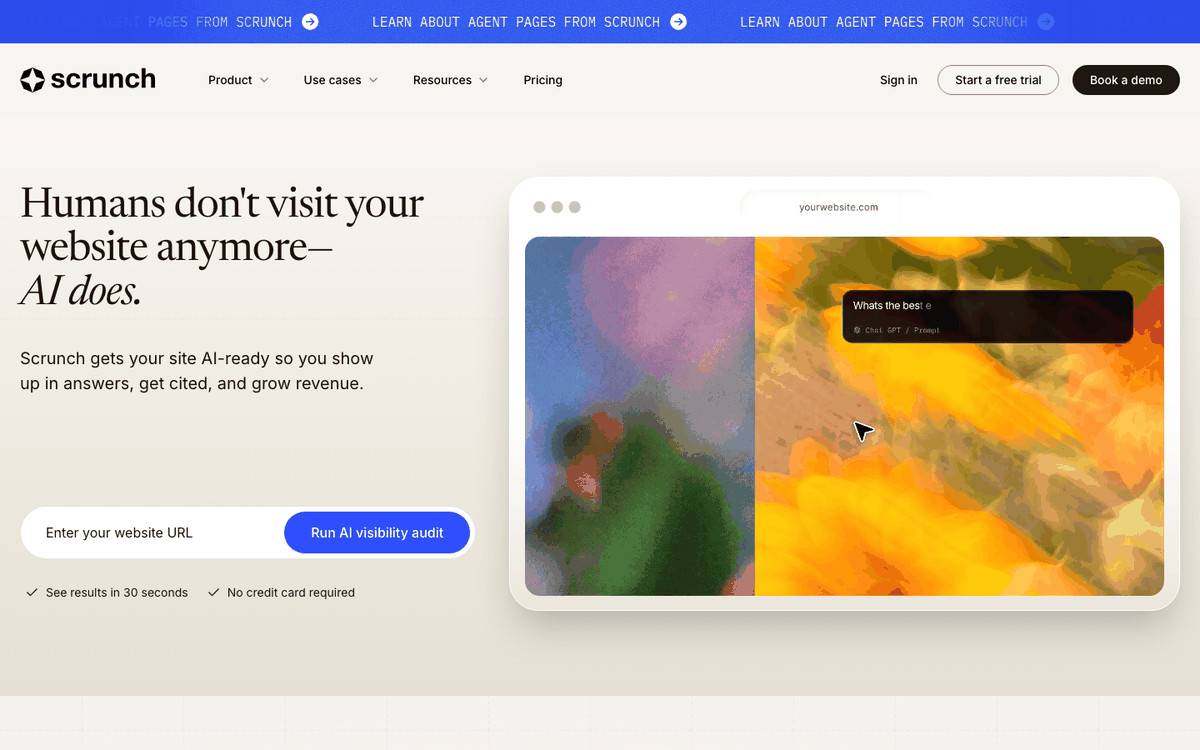 Scrunch homepage with a website URL field for a free AI visibility audit