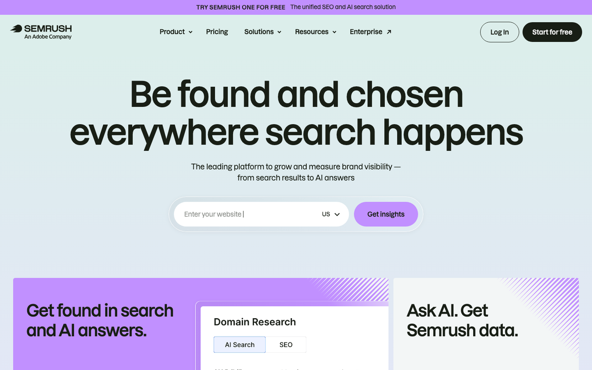 Semrush homepage promoting brand visibility from search results to AI answers