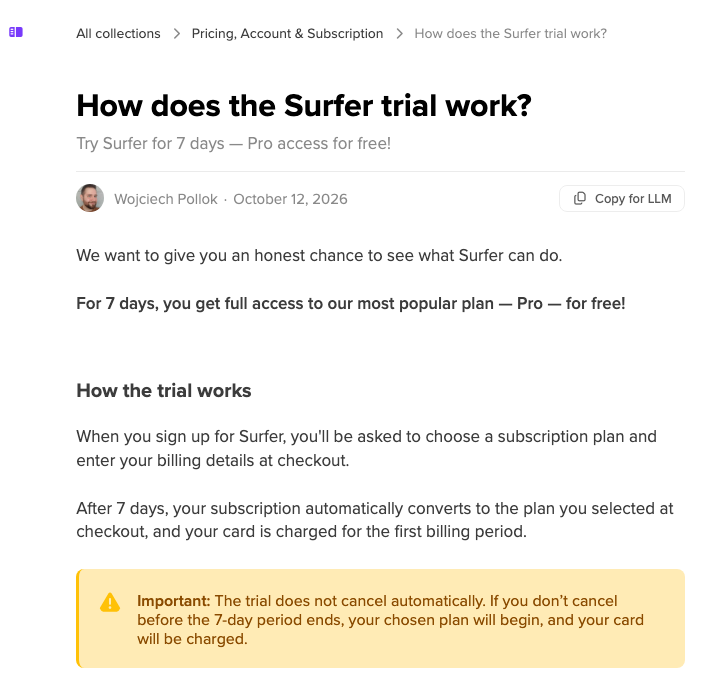 Surfer help center article explaining that the 7-day Pro trial converts to a paid plan unless cancelled.