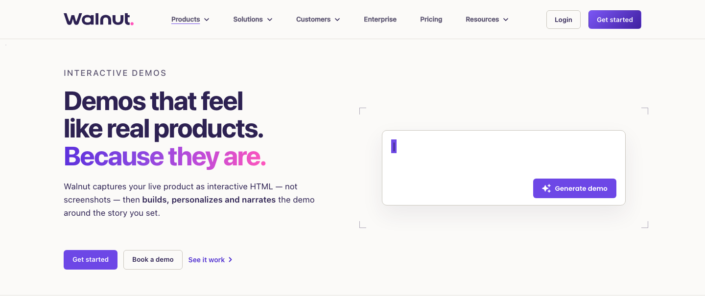 Walnut interactive demos page stating it captures the live product as HTML, with a generate demo prompt box.